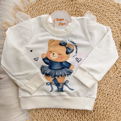 Conj. Blusa Manga Longa Ursinha Bailarina e Calça Legging Corações - Off White e Marinho